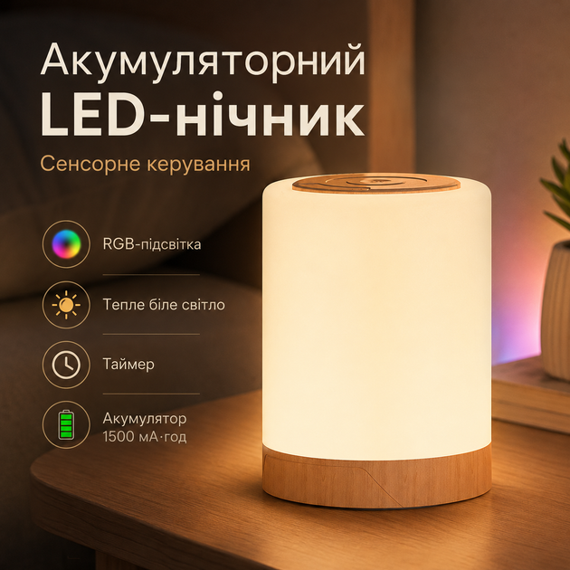 Акумуляторний LED-нічник із сенсорним керуванням — RGB, тепле біле світло, таймер, 1500 мА·год - Фото 1 Акумуляторний LED-нічник із сенсорним керуванням — RGB, тепле біле світло, таймер, 1500 мА·год - зображення 1