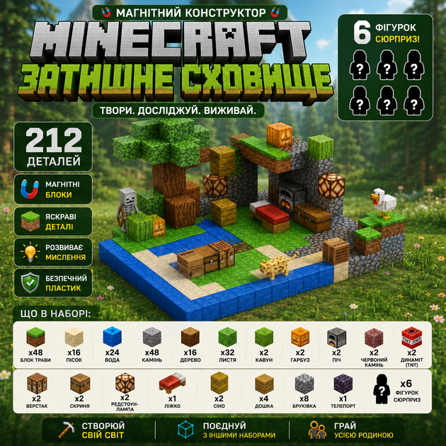 Магнітний конструктор Майнкрафт Minecraft (066) Затишне сховище 212 деталей 6 фігурок кубики блоки набір - Фото 1 Магнітний конструктор Майнкрафт Minecraft (066) Затишне сховище 212 деталей 6 фігурок кубики блоки набір - изображение 1