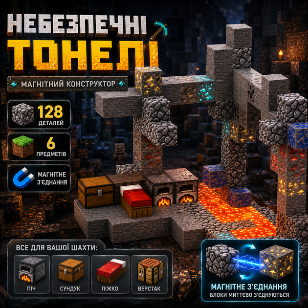 Магнітний конструктор Майнкрафт Minecraft (1281) Небезпечні тунелі 128 деталей 6 фігурок магнітні кубики шахта блоки набір - Фото 1 Магнітний конструктор Майнкрафт Minecraft (1281) Небезпечні тунелі 128 деталей 6 фігурок магнітні кубики шахта блоки набір - зображення 1