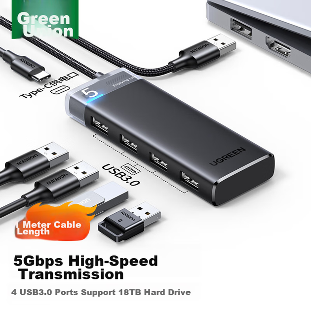 Розширювальна док-станція UGREEN USB Hub 3.0, високошвидкісний 4-портовий розгалужувач-концентратор, адаптер, подовжувач на чотири входи для ноутбука/настільного комп'ютера, конвертер, 1 метр - зображення 10