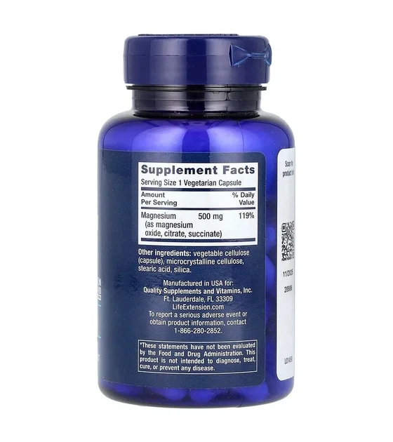 Магній, Magnesium Caps, Life Extension, 500 мг, 100 вегетаріанських капсул - зображення 2