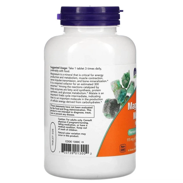 Малат магния "Magnesium Malate", Now Foods, 1000 мг, 180 таблеток - изображение 3