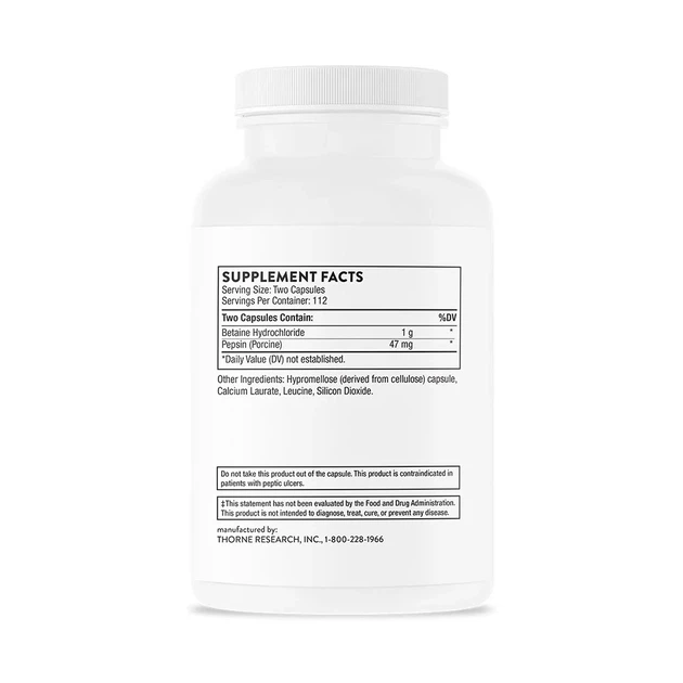 Бетаїн HCL соляна кислота та пепсин Thorne Research (Betaine HCL Hydrochloric Acid Pepsin) 225 капсул - зображення 3