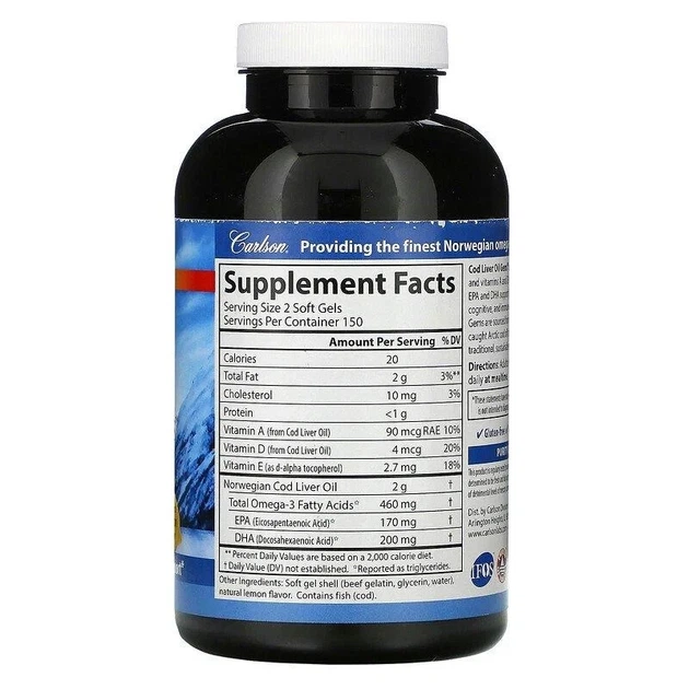 Рыбий жир с витамином А и D3 Cod Liver Oil Low Vitamin A Omega-3s wild norwegian Carlson Labs, 300 капсул - изображение 2