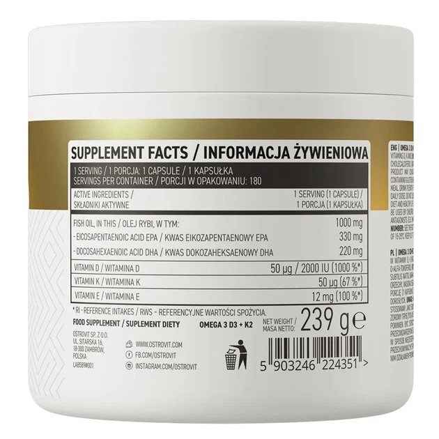 Омега 3 + вітамін Д3 + вітамін К2 OMEGA 3 D3 + K2 OstroVit 180 капсул - зображення 3