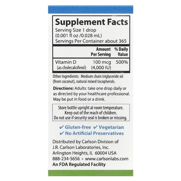 Витамин D3 Vitamin D3 Carlson 4000 МЕ, 10,3 мл. - изображение 2