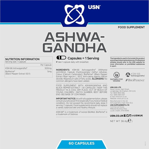 Ашваганда Ashwagandha USN, 60 капсул - зображення 2