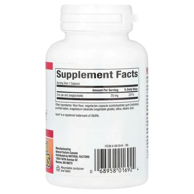 Цинк бісгліцинат 25 мг Zinc Bisglycinate Natural Factors, 60 капсул - зображення 2