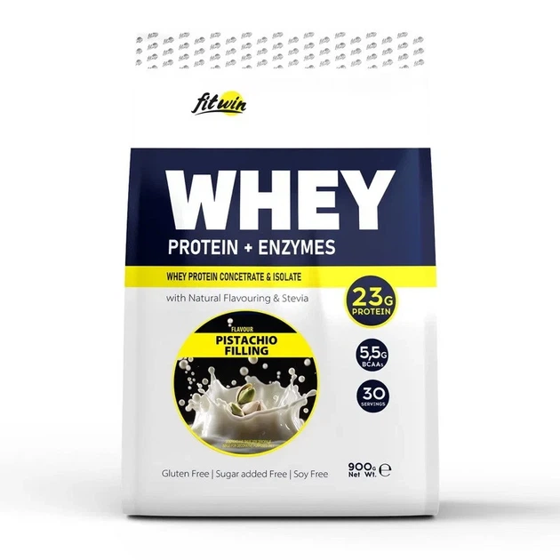 Протеїн FitWin WHEY (сироватковий протеїн + ензими) 0.9 кг 77% білка Фісташковий пломбір - Фото 1 Протеїн FitWin WHEY (сироватковий протеїн + ензими) 0.9 кг 77% білка Фісташковий пломбір - зображення 1
