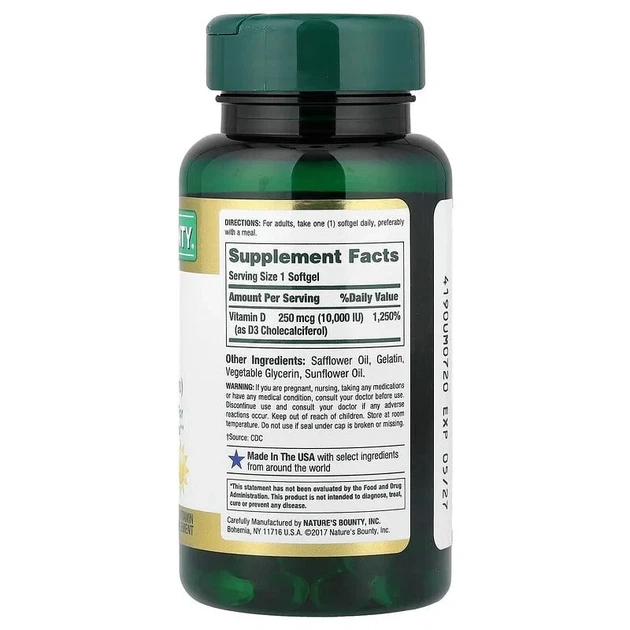 Вітамін D3 швидкого вивільнення 10000 МО Vitamin D Nature's Bounty, 72 капсули - зображення 2