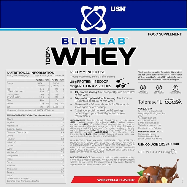 Сироватковий протеїн Blue Lab 100% Whey Premium Protein USN, арахісове масло, 908 г - зображення 2