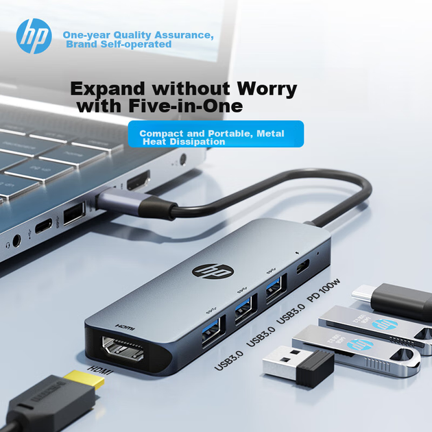 Док-станція розширення HP, швидка зарядка Type-C PD100W, розширення USB, дублювання екрана HDMI, 5-дюймова док-станція розширення Type-C, док-станція розширення MacBook, адаптер для комп'ютера Apple - зображення 4