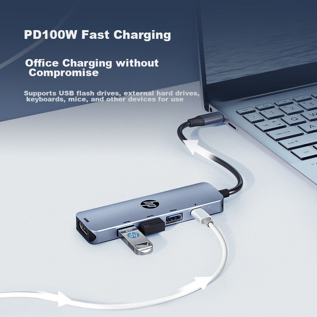 Док-станція розширення HP, швидка зарядка Type-C PD100W, розширення USB, дублювання екрана HDMI, 5-дюймова док-станція розширення Type-C, док-станція розширення MacBook, адаптер для комп'ютера Apple - зображення 6