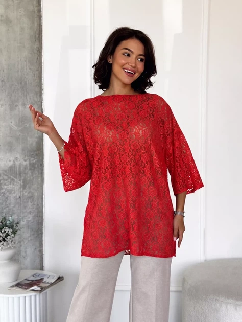 Легкая кружевная туника oversize свободного кроя Innoe 230241-1, р. 52-54 Красный - Фото 1 Легкая кружевная туника oversize свободного кроя Innoe 230241-1, р. 52-54 Красный - изображение 1