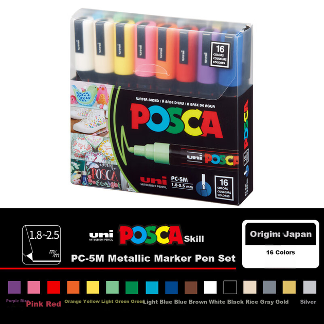 Акриловые маркеры Uni Mitsubishi POSCA (средний размер), набор из 16 цветов, кисточковидные маркеры PC-5M, маркеры для плакатов и рекламы, маркеры для рисования и граффити, акварельные маркеры для живописи. - изображение 9