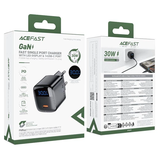 Сетевое зарядное устройство AceFast A115 30W GaN с LED-дисплеем (Type-C, QC4, PD3.0). Black - изображение 9