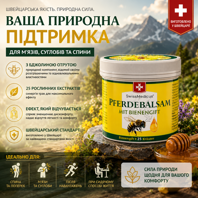 Трав'яний бальзам для тіла SwissMedicus Pferdebalsam mit Bienengift з 25 травами та бджолиною отрутою, 150 мл - зображення 2