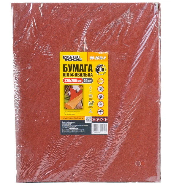 Бумага шлифовальная водостойкая MASTERTOOL Р100 230х280 мм 20 шт 08-2610-Р - Фото 1 Бумага шлифовальная водостойкая MASTERTOOL Р100 230х280 мм 20 шт 08-2610-Р - изображение 1