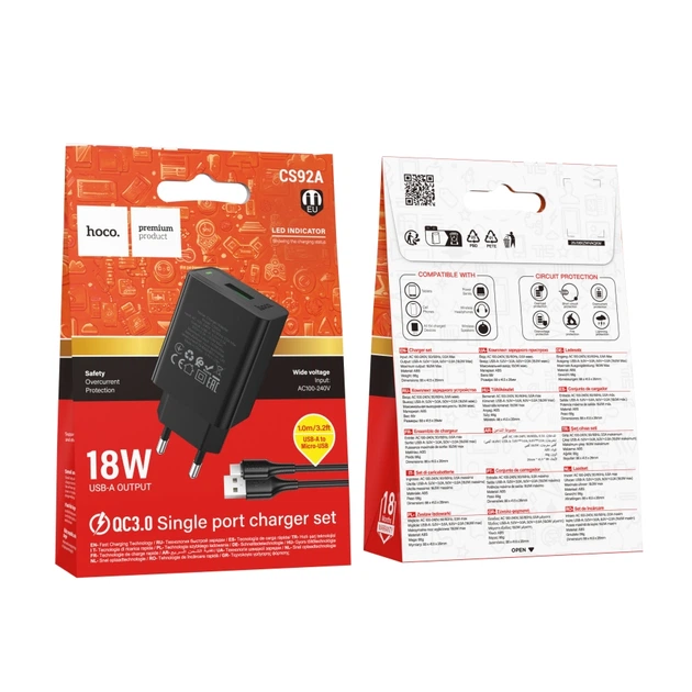 Зарядное устройство Hoco CS92A, USB 18W с поддержкой Quick Charge 3.0, LED-индикатор, сетевой адаптер с кабелем USB to Micro 1 м Black - изображение 5
