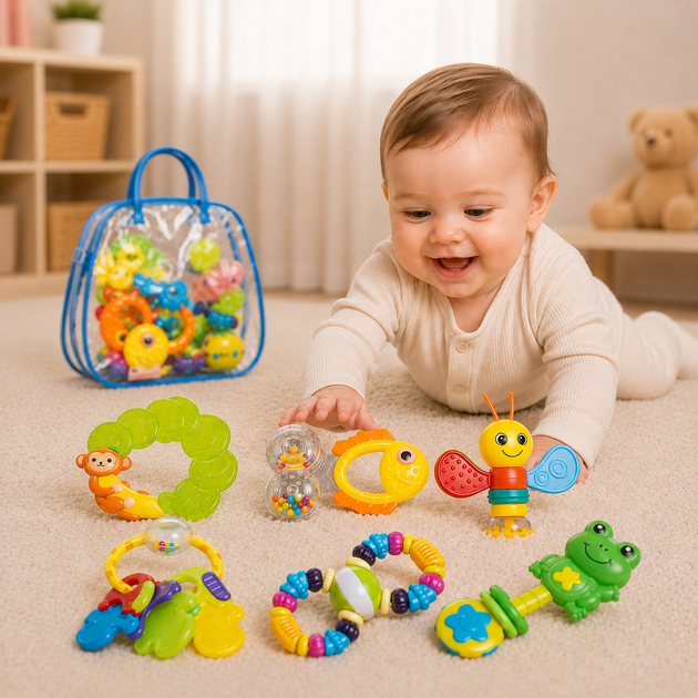 Набор детских развивающих погремушек-прорезывателей Baby Toys 6 шт. в синей сумочке - изображение 6