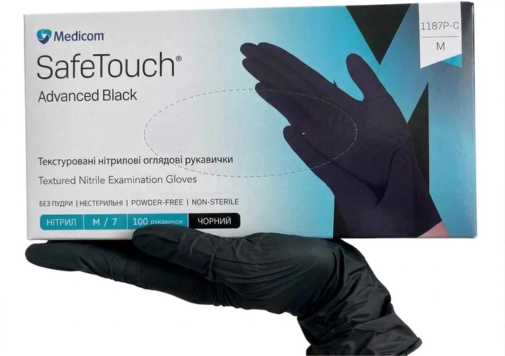 Рукавички нітрилові SafeTouch Advanced Black M без пудри текстуровані 100 шт. чорні 3,5 г (1187P-C) - Фото 3 Рукавички нітрилові SafeTouch Advanced Black M без пудри текстуровані 100 шт. чорні 3,5 г (1187P-C) - зображення 3
