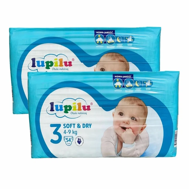 Підгузки памперси Lupilu Soft & Dry Розмір 3 (4- 9 кг) 108 шт набір 2 упаковки по 54 шт - Фото 1 Підгузки памперси Lupilu Soft & Dry Розмір 3 (4- 9 кг) 108 шт набір 2 упаковки по 54 шт - изображение 1