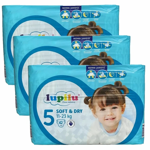 Підгузки памперси Lupilu Soft & Dry Розмір 5 (11- 23 кг) 126 шт набір 3 упаковки по 42 шт - Фото 1 Підгузки памперси Lupilu Soft & Dry Розмір 5 (11- 23 кг) 126 шт набір 3 упаковки по 42 шт - изображение 1
