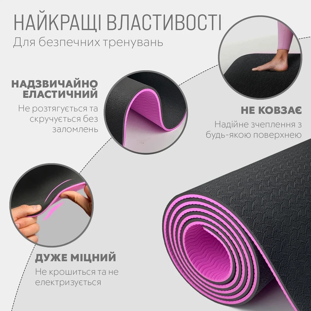 Коврик для йоги и фитнеса ProDobro TPE+TC 6 мм черный с фиолетовым 183х61 см - изображение 3
