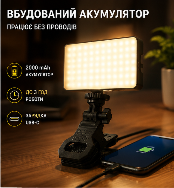 Аккумуляторный накамерный видеосвет RGB с прищепкой для фото и видео 8 Вт 2000 мАч температуры 2700К-6500К компактный 12*7*2,5 см - изображение 5