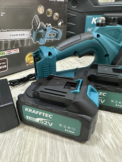 Ланцюгова міні пила акумуляторна Krafftec 12 дюймів 52V 6Ah / 2500 Вт / 2 акумулятори - зображення 4
