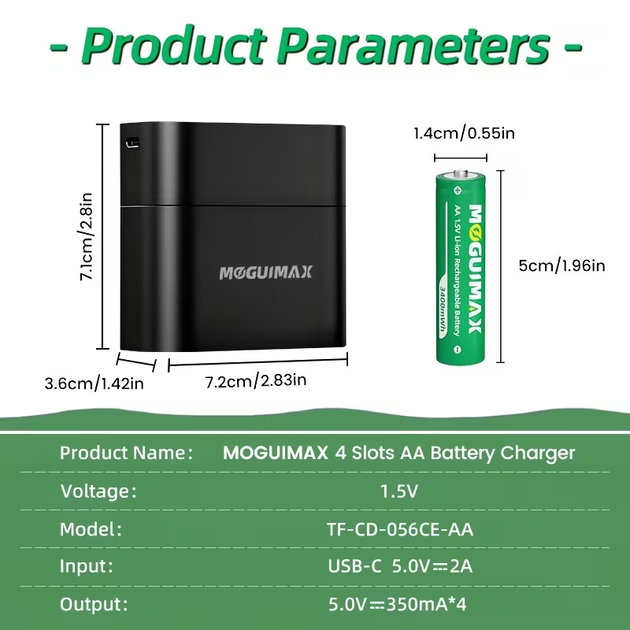 Комплект перезаряджуваних літій-іонних батарейок AA MOGUIMAX 3400mWh 1.5В з постійною напругою та фірмовим зарядним кейсом, 4 шт. - Фото 4 Комплект перезаряджуваних літій-іонних батарейок AA MOGUIMAX 3400mWh 1.5В з постійною напругою та фірмовим зарядним кейсом, 4 шт. - изображение 4