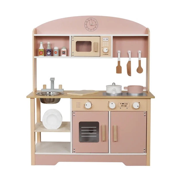 Детская кухня деревянная AVKO Парма Pink 80х68х28 см в комплекте духовка, микроволновка, раковина, посудомоечная машина и 9 аксессуаров, стильный игровой набор в винтажном дизайне - изображение 7