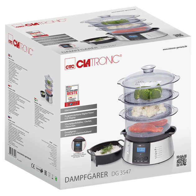 Пароварка из нержавеющей стали 3 уровня с таймером для кухни Clatronic FK-0805 - зображення 3