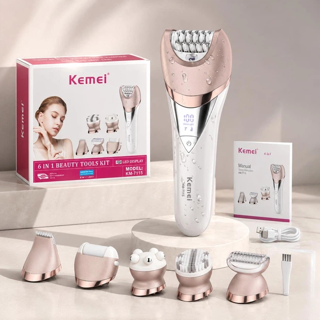 Епілятор-тример Kemei KM-7115 6 в 1 акумуляторний з LED-дисплеєм і насадками для догляду за тілом та обличчям - зображення 7