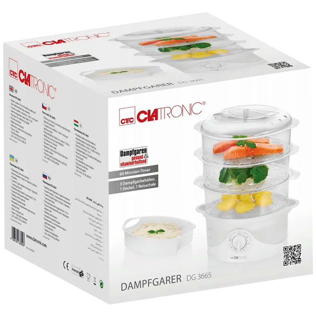 Пароварка 3 яруса 800 Вт для кухни 1,5 л Clatronic белая - зображення 5