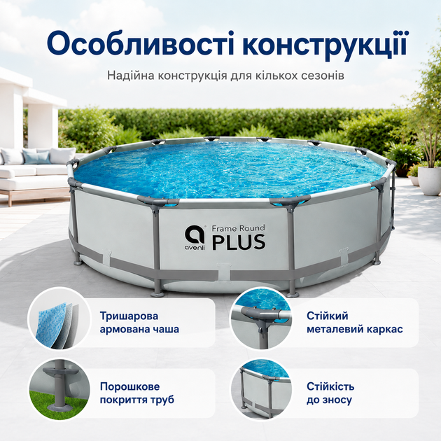 Каркасний басейн Avenli 305×76 см круглий на 4485 л, збірний садовий басейн з тришаровою чашею, металевим каркасом - зображення 3
