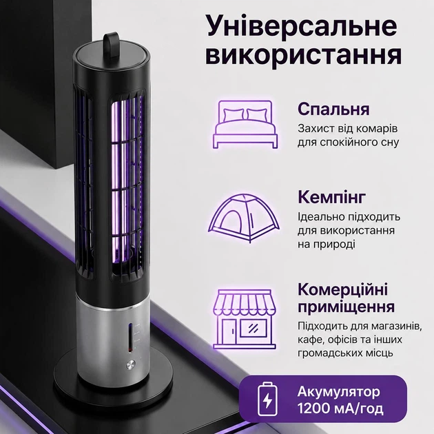 Портативная лампа-уничтожитель насекомых с USB Type-C зарядкой, аккумулятором 1200mAh, таймером, электрической сеткой 1800V, черная с серебристым - изображение 2