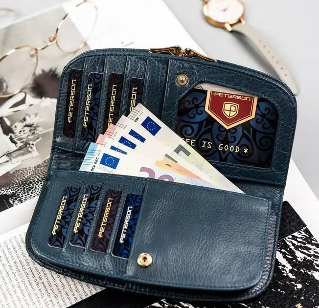 Женский кожаный кошелёк Peterson PTN42123-OBNF 9565 с голографическими бабочками RFID защита, натуральная кожа, голубой - изображение 4