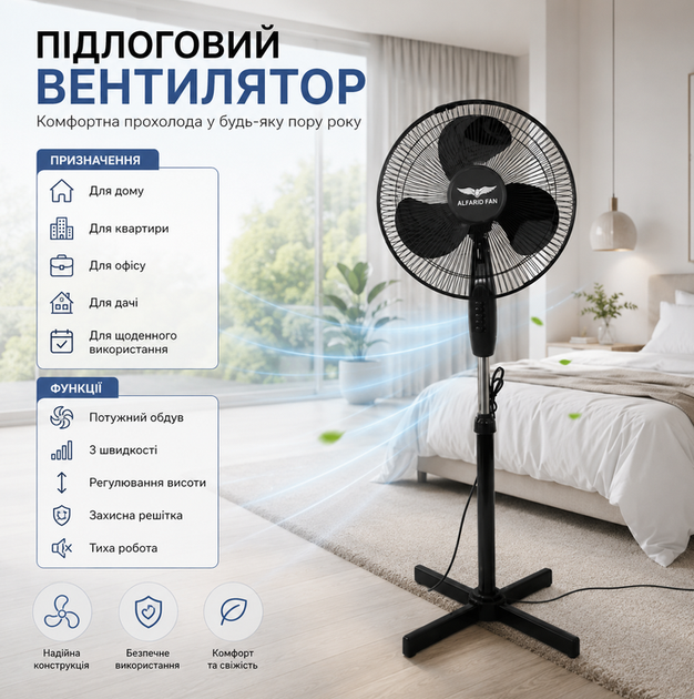 Напольный вентилятор 18" черный бытовой на 3 скорости с регулировкой высоты - изображение 2
