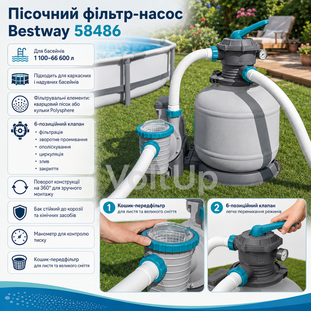Пісочний фільтр-насос Bestway 58486 для басейну 11355 л/год — для очищення води з таймером 500 Вт - зображення 4