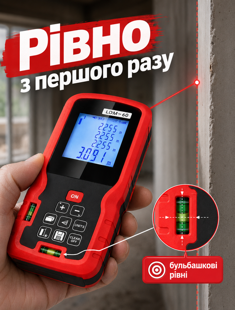 Лазерный дальномер лазерная рулетка для монтажа и ремонта с ЖК-дисплеем и подсветкой дальностью до 40 м точностью ±2 мм и функцией измерения площади и объема - изображение 4