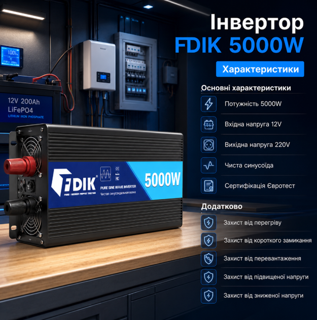 Инвертор напряжения FDIK 5000W 12V–220V с чистой синусоидой, защитой от перегрева, короткого замыкания, перегрузки, повышенного и пониженного напряжения для котла, холодильника, дома и автомобиля - изображение 3