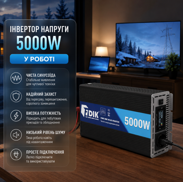 Инвертор напряжения FDIK 5000W 12V–220V с чистой синусоидой, защитой от перегрева, короткого замыкания, перегрузки, повышенного и пониженного напряжения для котла, холодильника, дома и автомобиля - изображение 4