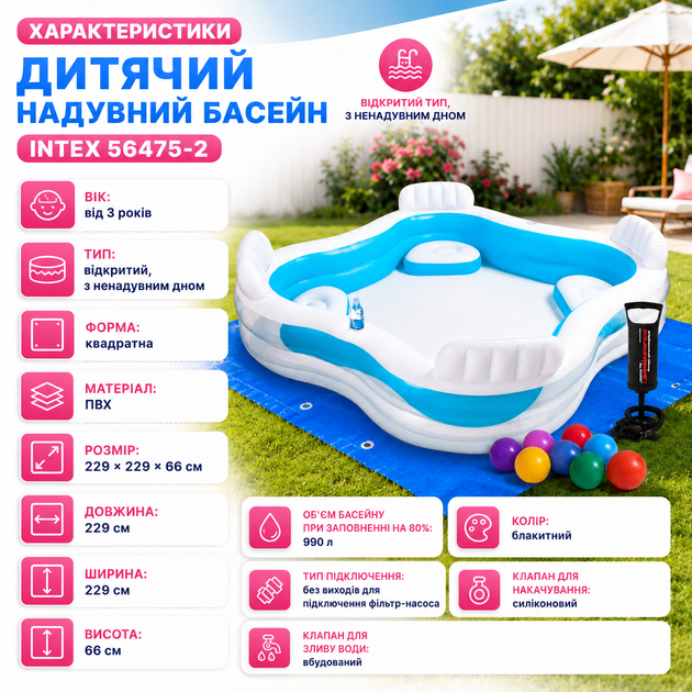 Детский надувной бассейн Intex 56475-2 квадратный с сиденьями, ручным насосом, комплектом из 10 игровых шариков, семейная модель для купания, голубой, 229×229×66 см, 990 л - изображение 5