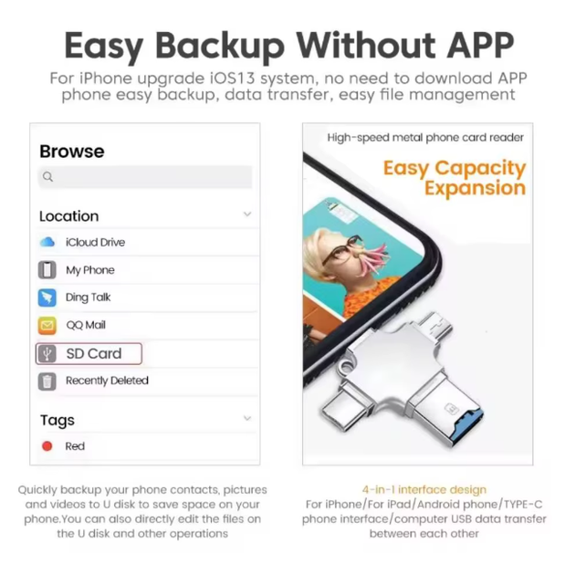 Флешка для айфону Адаптер IPhone Extreme 64 Gb USB-накопичувач USB 3.0 iOS Micro Type-C Apple Lightning 4 в 1 - зображення 6