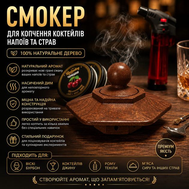 Набор для копчения коктейлей Bartending — коричневый шестигранный смокер из натурального дерева + 8 видов щепы + турбо-зажигалка (полный готовый набор) - изображение 2