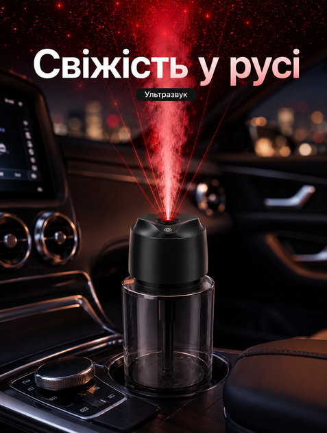Автомобильный ароматизатор‑увлажнитель для авто с LED‑проектором звездного неба, ультразвуковым увлажнением и питанием от USB компактный для подстаканника - изображение 4