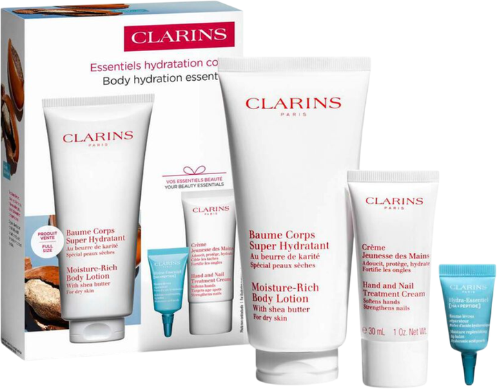Zestaw kosmetyków do pielęgnacji ciała Clarins Body Hydration Essentials balsam 200 ml + krem do rąk 200 ml + balsam do ust 3 ml (3666057327193) - Zdjęcie 1 Zestaw kosmetyków do pielęgnacji ciała Clarins Body Hydration Essentials balsam 200 ml + krem do rąk 200 ml + balsam do ust 3 ml (3666057327193) - obraz 1