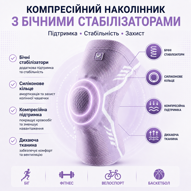 Наколенник компрессионный с боковыми стабилизаторами и силиконовым кольцом Vilico AB102 размер M фиолетовый, для бега и фитнеса - изображение 2