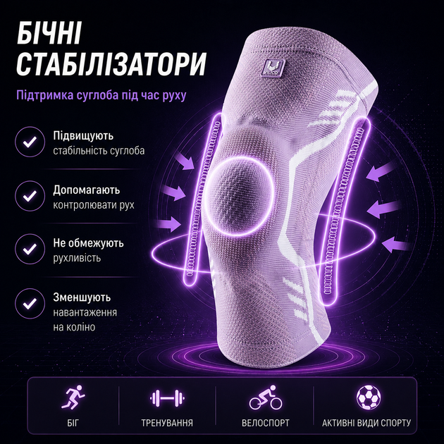 Наколенник компрессионный с боковыми стабилизаторами и силиконовым кольцом Vilico AB102 размер M фиолетовый, для бега и фитнеса - изображение 3